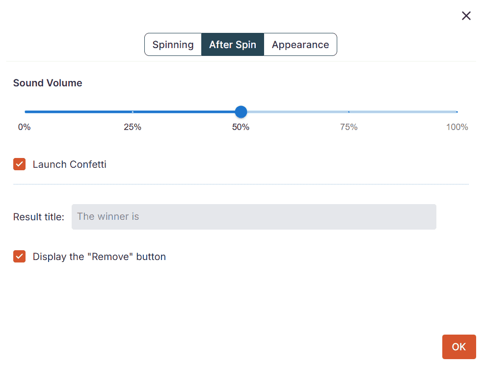 The After Spin settings tab.