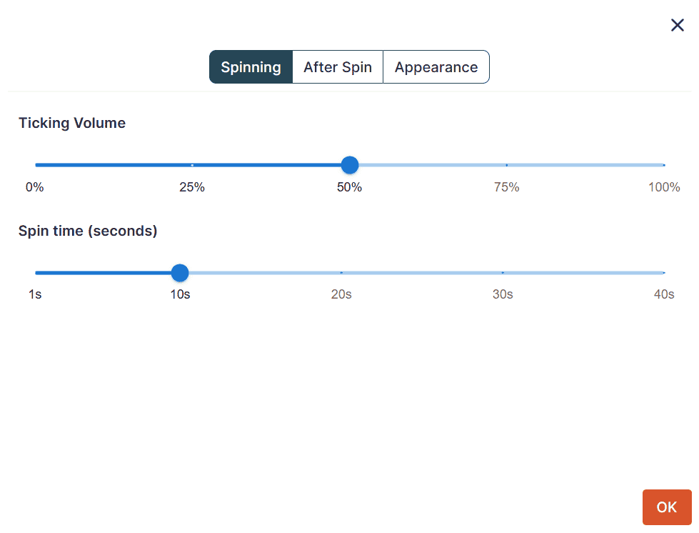The Spinning settings tab with sliders for Ticking Volume and Spin time.